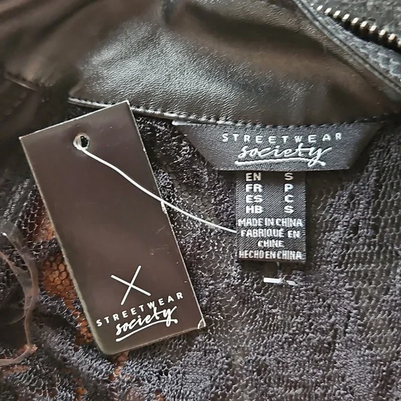 Streetwear Society Black Faux Leather Lace Insert Moto Jacket Small - Picture 7 of 15